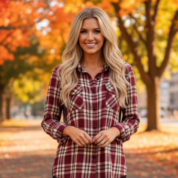 BLANK NYC Plaid Button Down with Sequin Back, Red Cream, Size Small - Picture 4 of 13